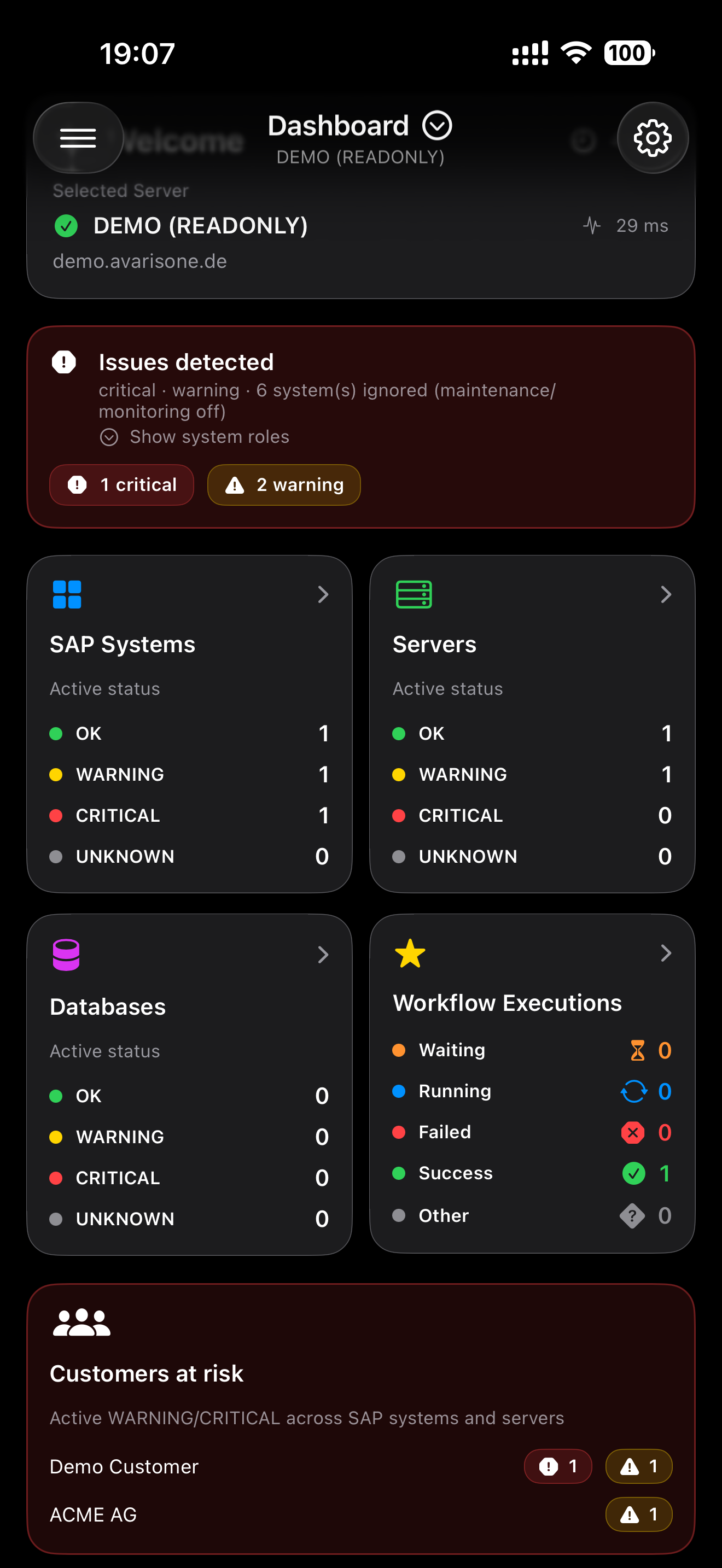 Dashboard showing system overview and status cards